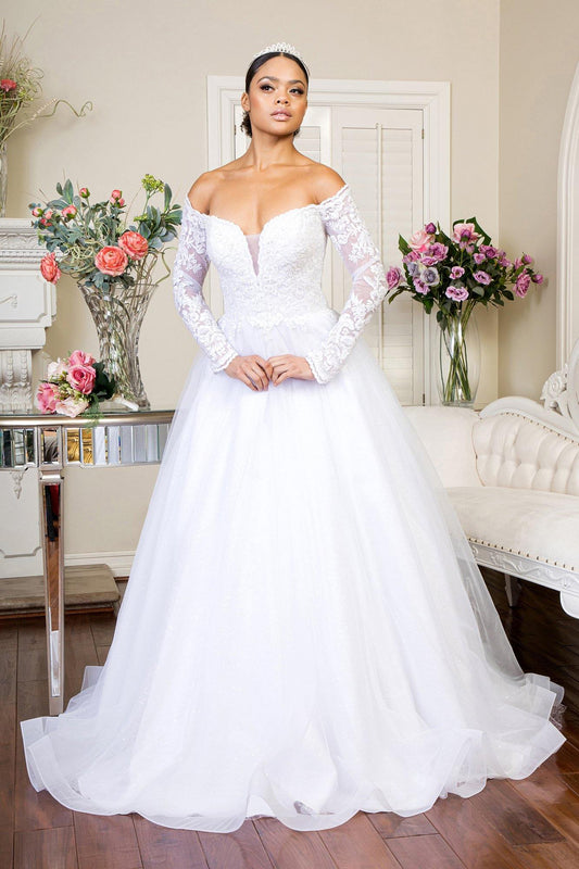 Long Sleeve Off Shoulder Mesh Wedding Gown - The Dress Outlet