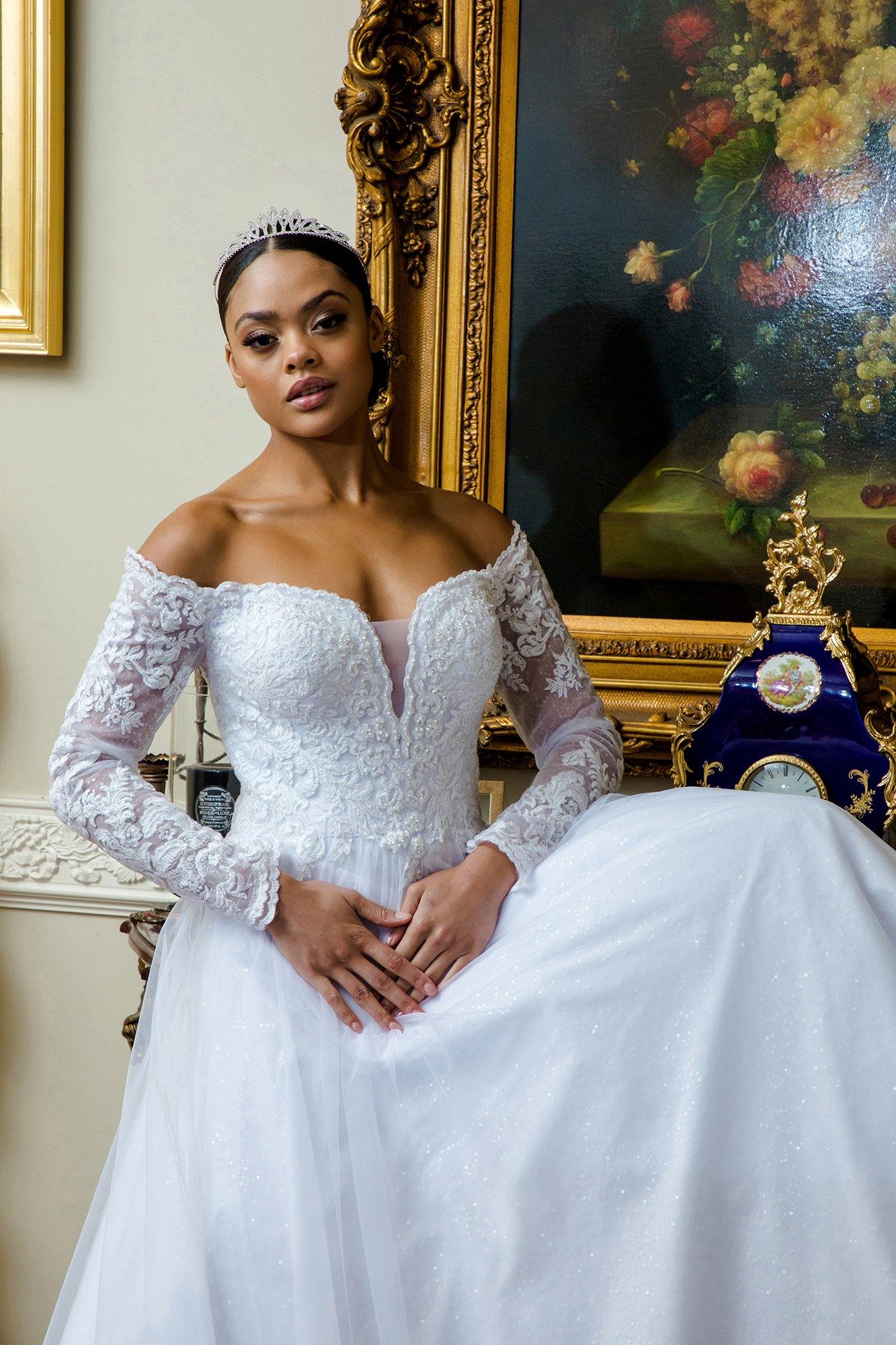 Long Sleeve Off Shoulder Mesh Wedding Gown