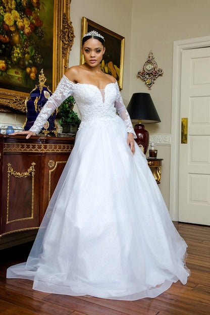 Long Sleeve Off Shoulder Mesh Wedding Gown - The Dress Outlet