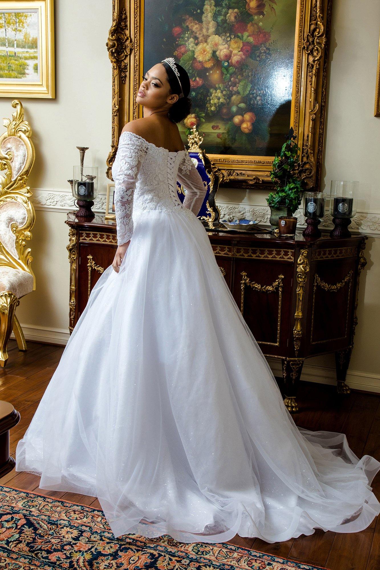 Long Sleeve Off Shoulder Mesh Wedding Gown