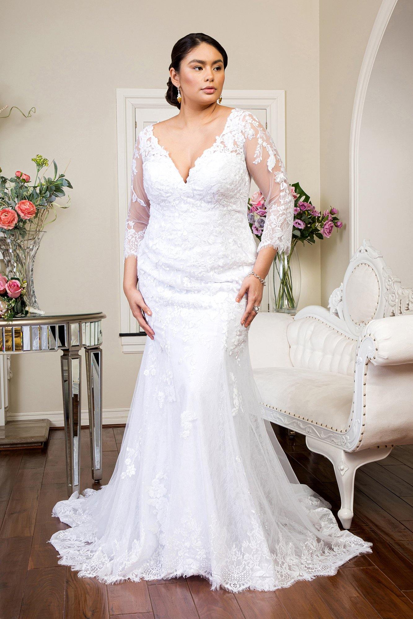 Long Floral Embroidery Sheer Back Mesh Bridal Gown