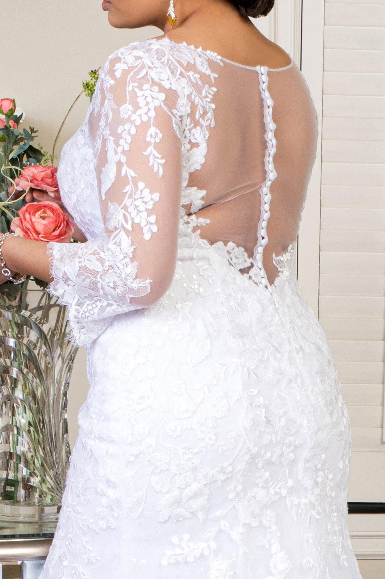 Long Floral Embroidery Sheer Back Mesh Bridal Gown | The Dress Outlet
