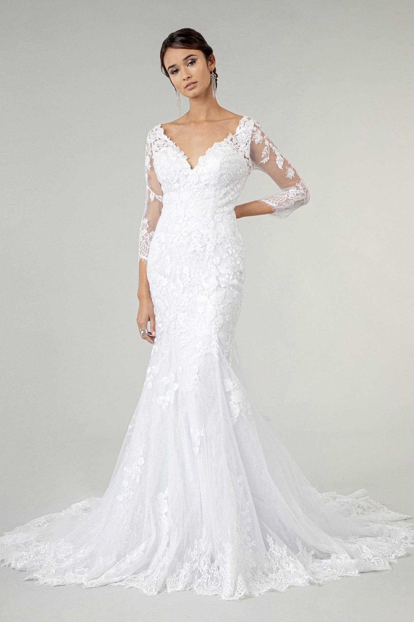 Long Sleeve Sheer Back Mesh Bridal Gown - The Dress Outlet