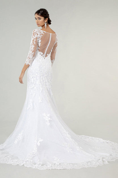 Long Sleeve Sheer Back Mesh Bridal Gown - The Dress Outlet