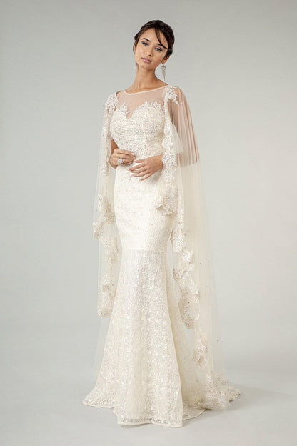 Long Sleeveless Cape Lace Wedding Gown - The Dress Outlet