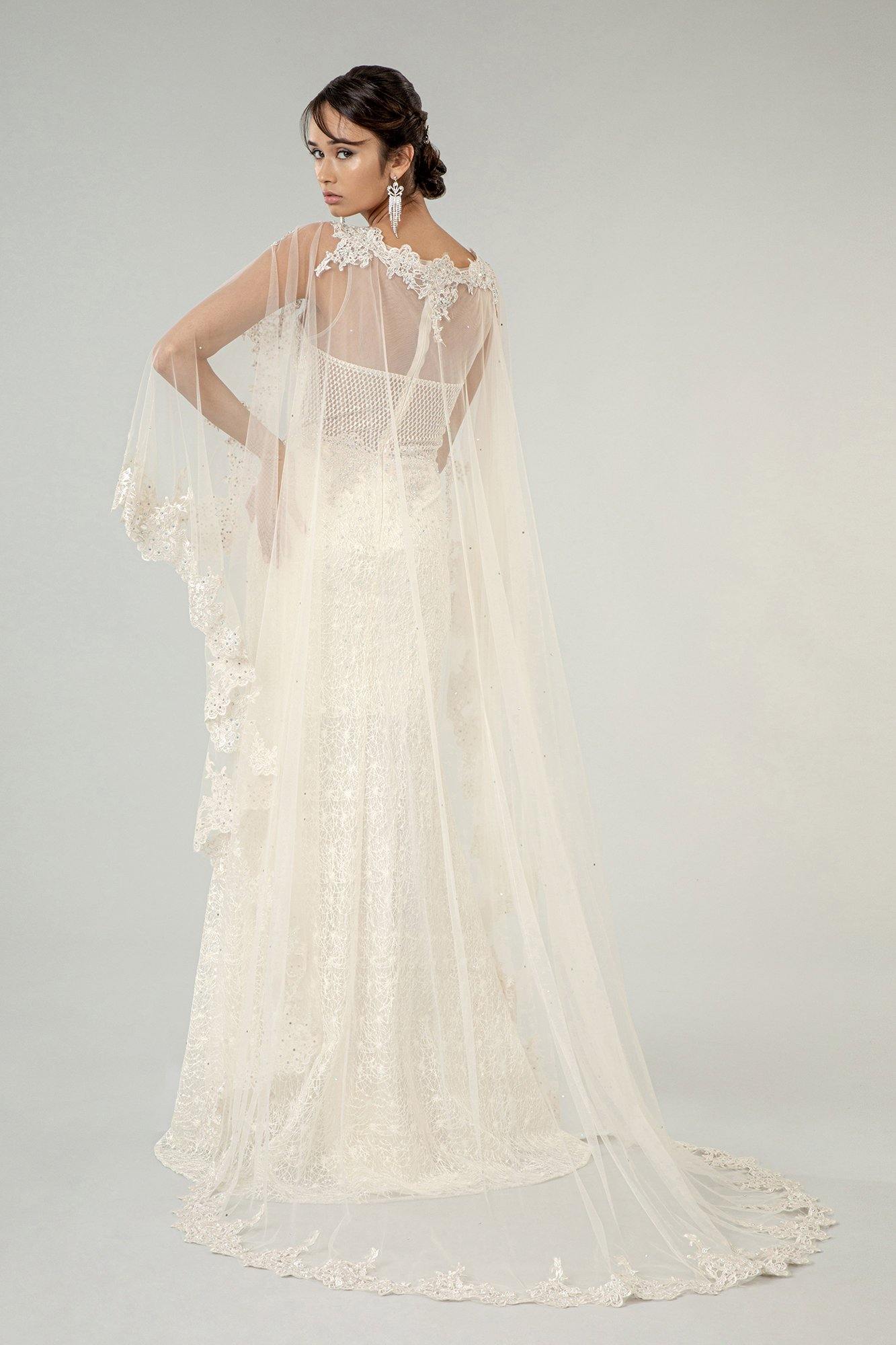 Long Sleeveless Cape Lace Wedding Gown - The Dress Outlet