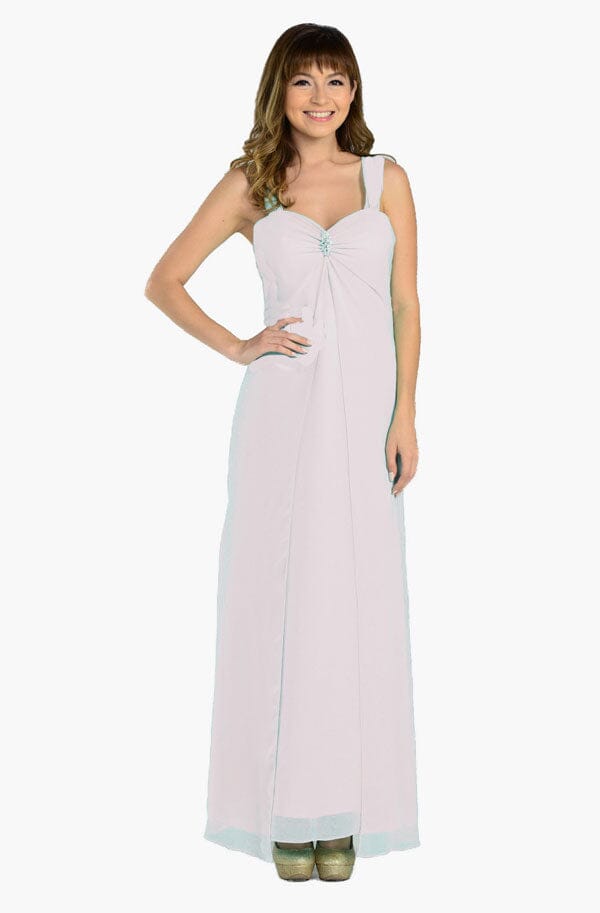 White Sweetheart Floor-Length Chiffon Formal Gown Rhinestone Brooch Poly USA 7000