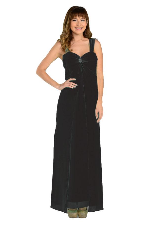 Black Sweetheart Floor-Length Chiffon Formal Gown Rhinestone Brooch Poly USA 7000