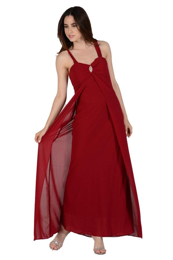 Burgundy Sweetheart Floor-Length Chiffon Formal Gown Rhinestone Brooch Poly USA 7000