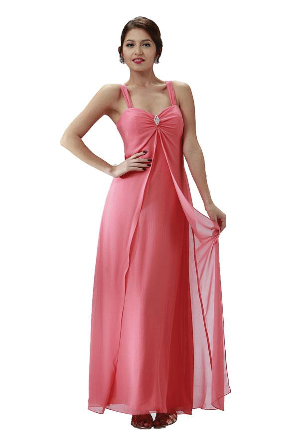 Coral Sweetheart Floor-Length Chiffon Formal Gown Rhinestone Brooch Poly USA 7000