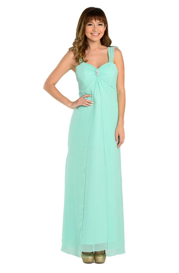 Mint Sweetheart Floor-Length Chiffon Formal Gown Rhinestone Brooch Poly USA 7000