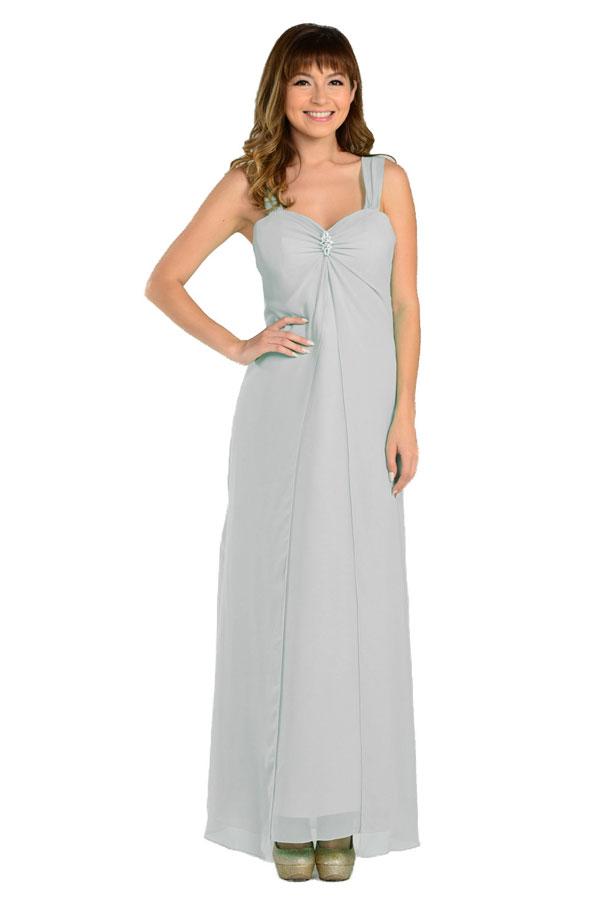 Silver Sweetheart Floor-Length Chiffon Formal Gown Rhinestone Brooch Poly USA 7000