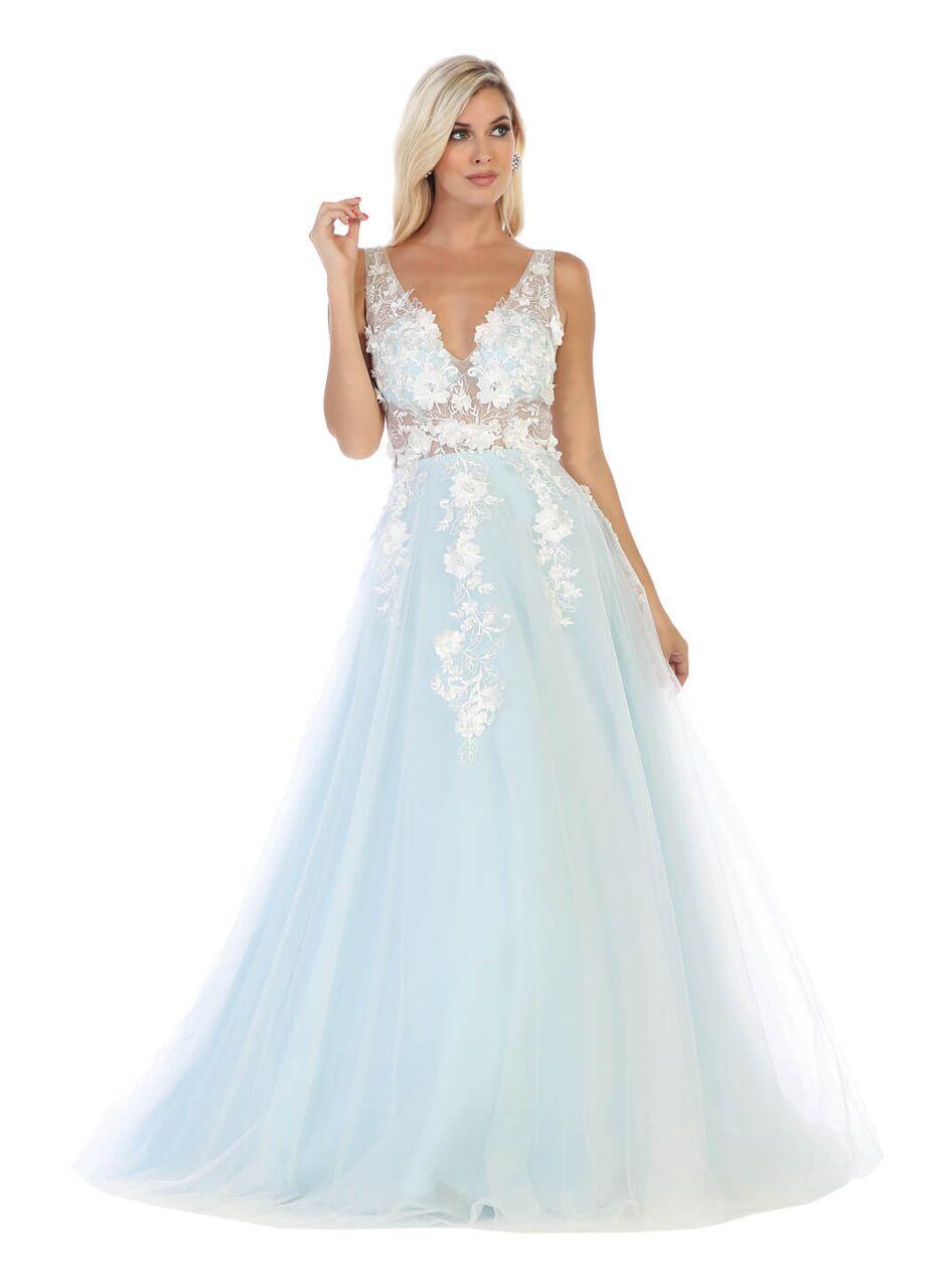 Long Sleeveless Deep V Neck Prom Dress Ball Gown - The Dress Outlet May Queen