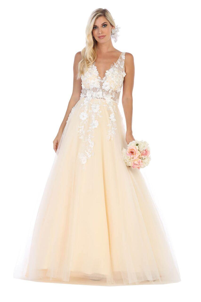 Long Sleeveless Deep V Neck Prom Dress Ball Gown - The Dress Outlet May Queen