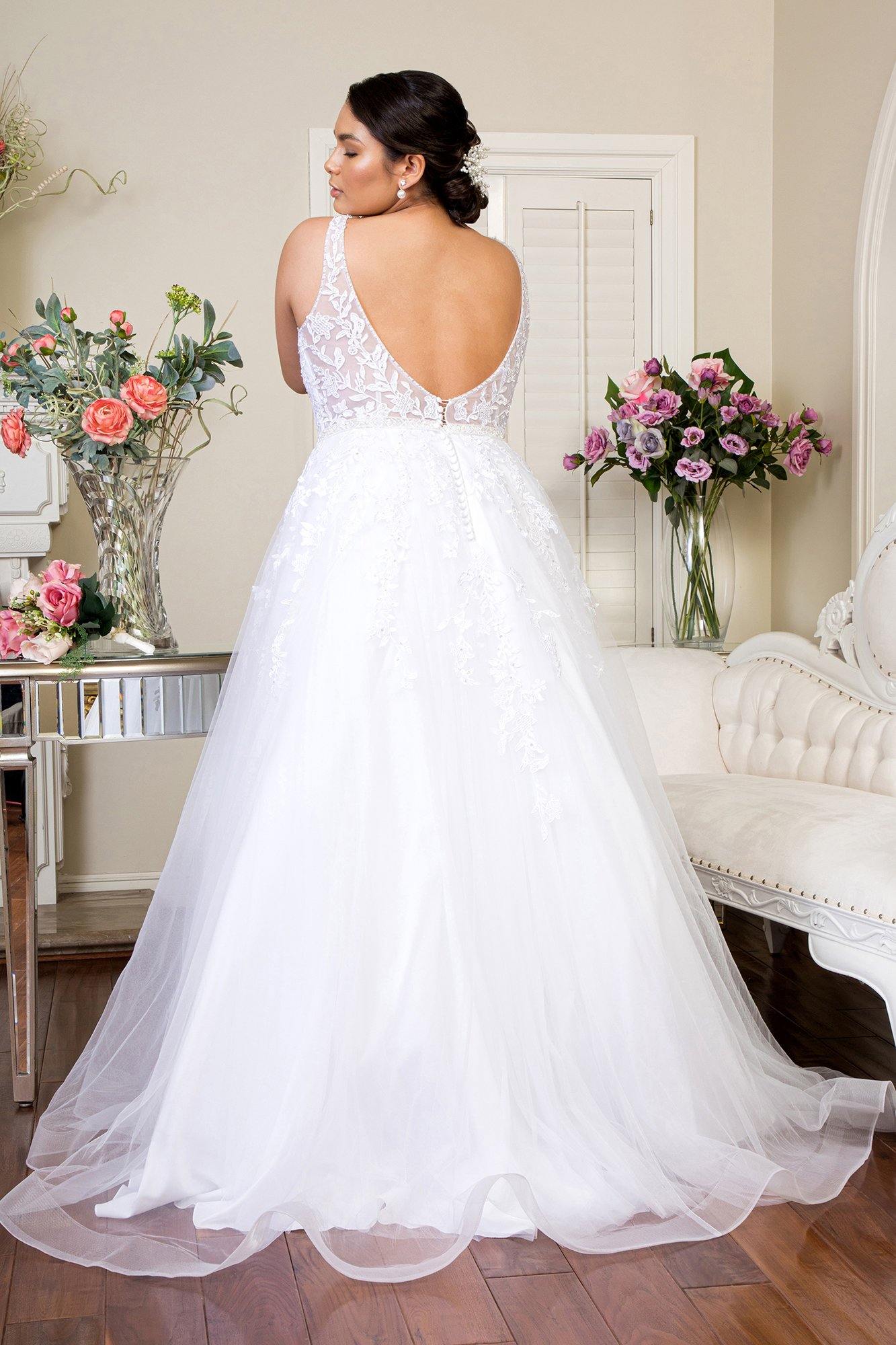 Long Sleeveless Embroidered Mesh Wedding Dress - The Dress Outlet