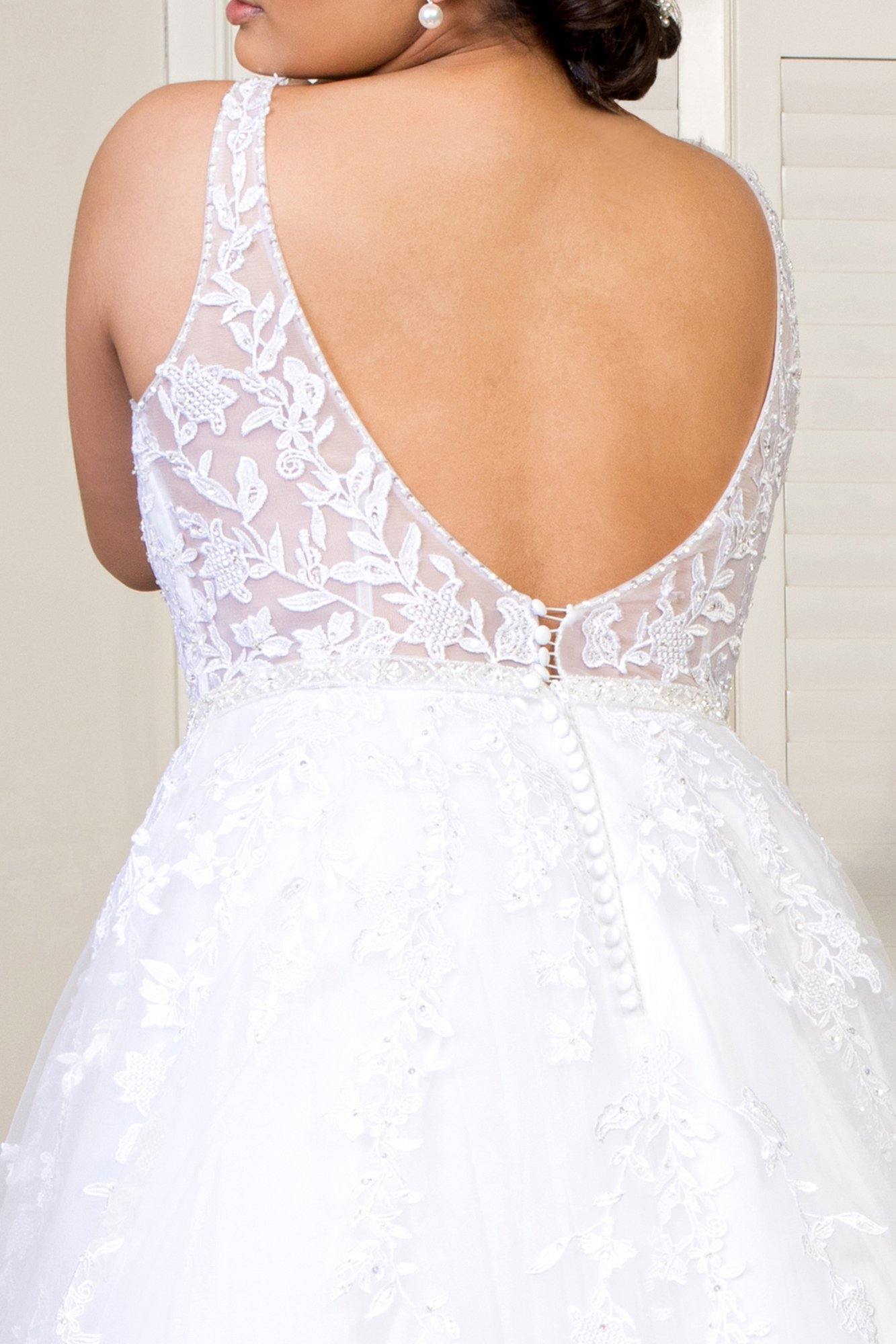 Long Sleeveless Embroidered Mesh Wedding Dress - The Dress Outlet