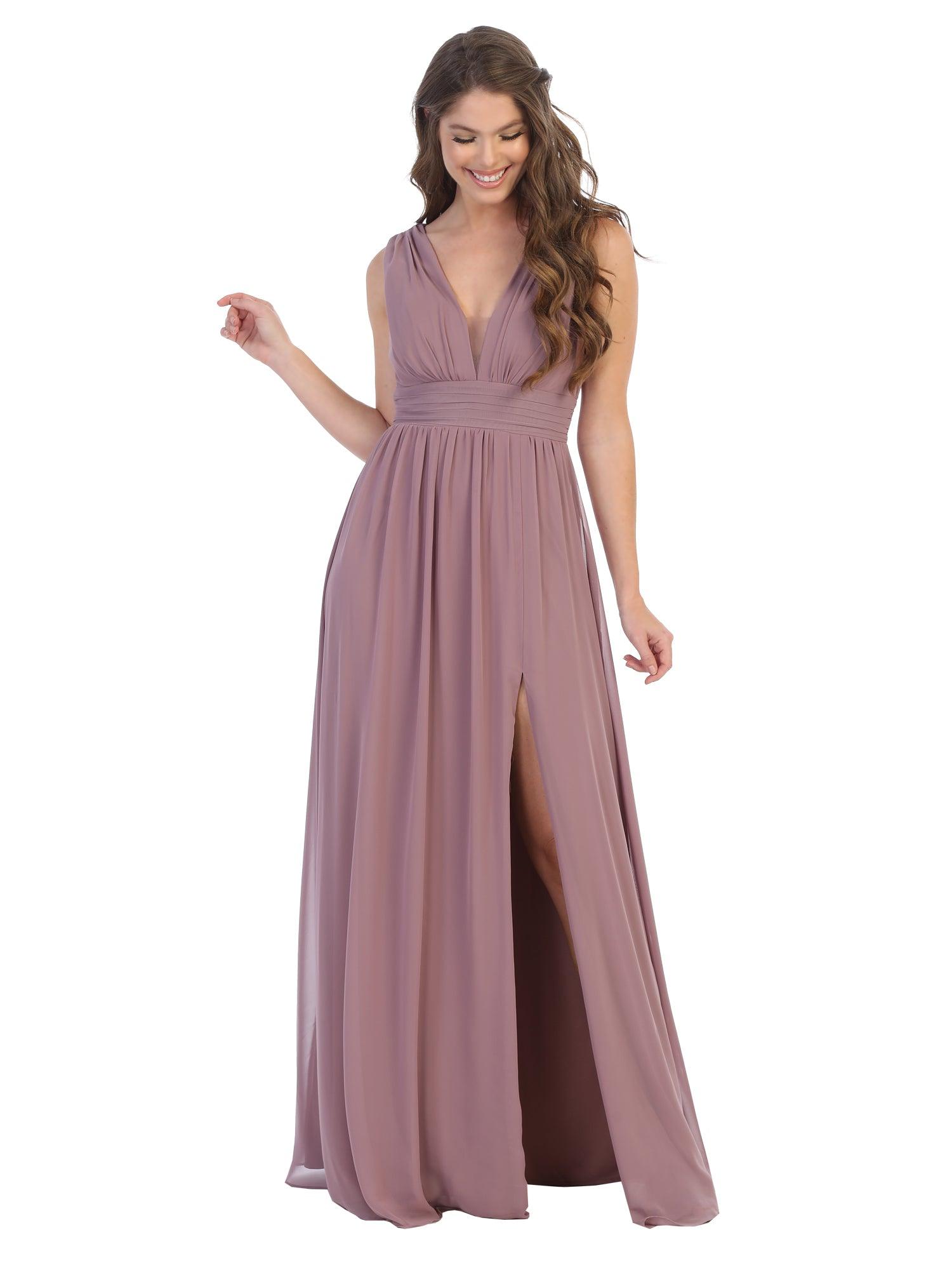 Long Sleeveless Formal Bridesmaids V Neck Dress Mauve