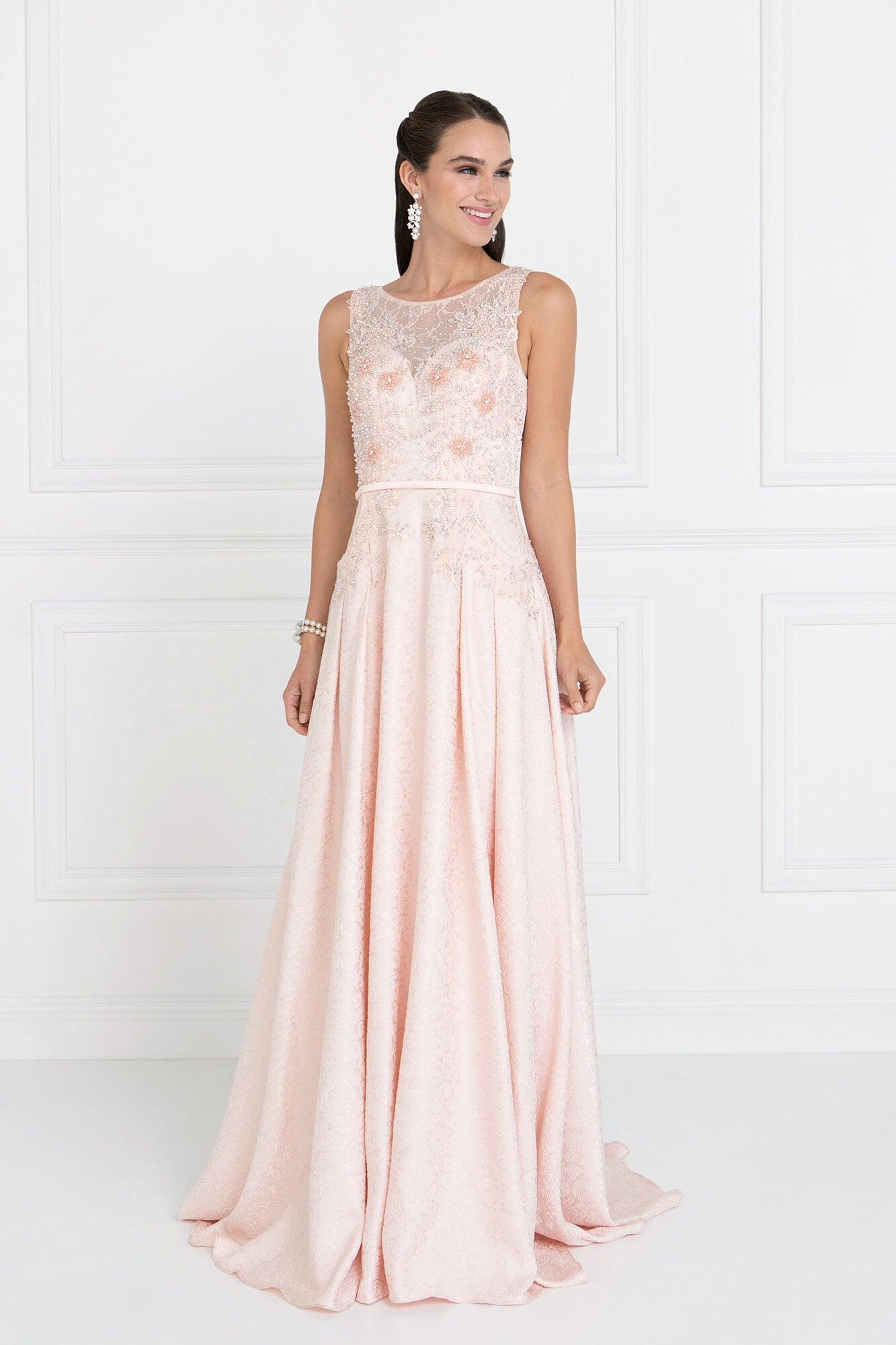 GLS Blush Long Sleeveless Formal Dress Evening Gown - A-Line with Illusion Neckline and Pockets - Size XS GLS Blush Long Sleeveless Formal Dress Evening Gown - A-Line with Illusion Neckline and Pockets - Size XS