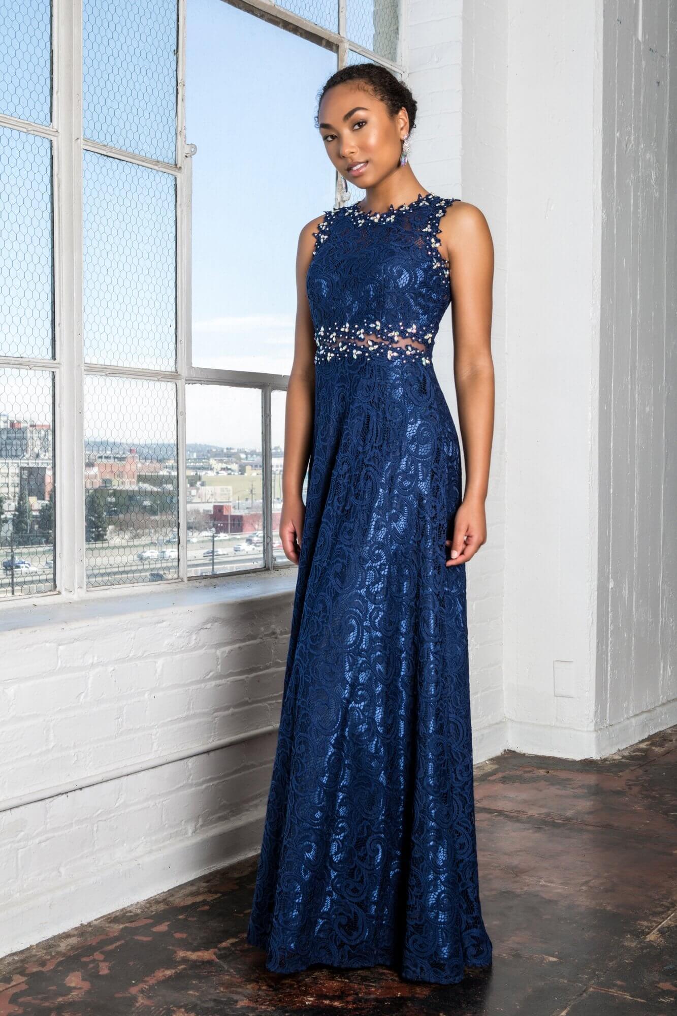 GLS Long Sleeveless Formal Dress Evening Lace Gown - Navy - XS - A-Line with Rhinestone Embellishment