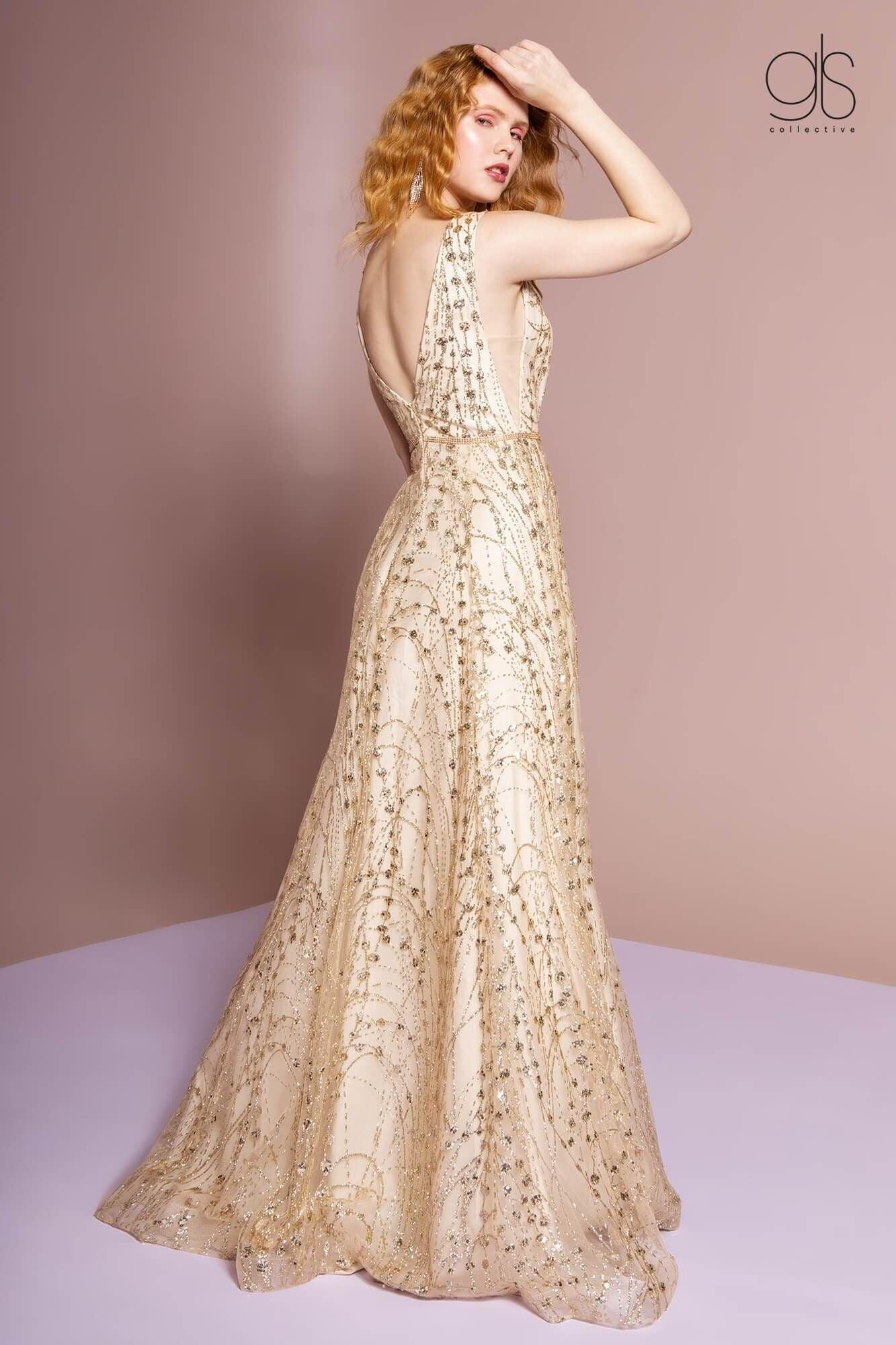 Long Sleeveless Formal Gold Prom Dress - The Dress Outlet Elizabeth K