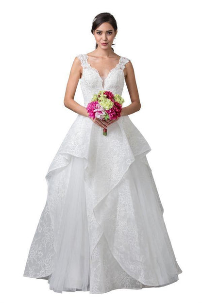 Long Sleeveless Off White Tiered Wedding Gown - The Dress Outlet