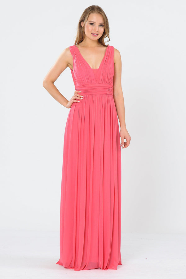 V-Neck Floor-Length Ruched Chiffon Formal Gown with Open Back Poly USA 8408