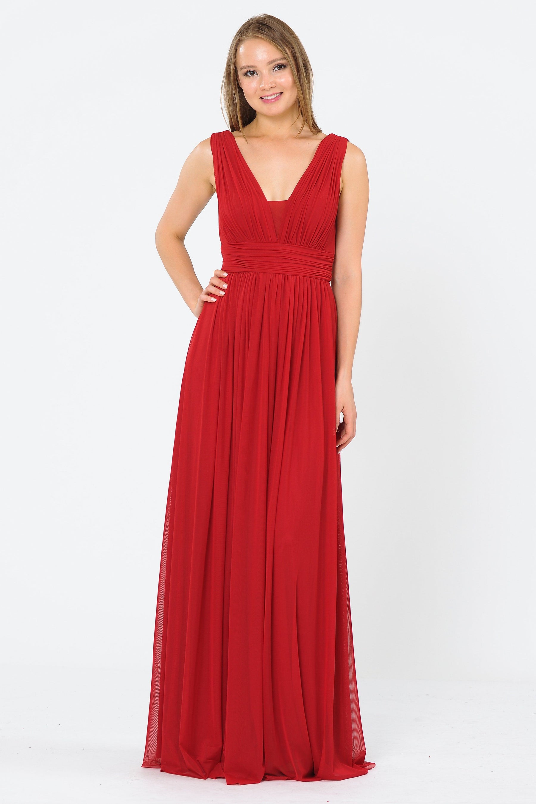 Dark Red V-Neck Floor-Length Ruched Chiffon Formal Gown with Open Back Poly USA 8408