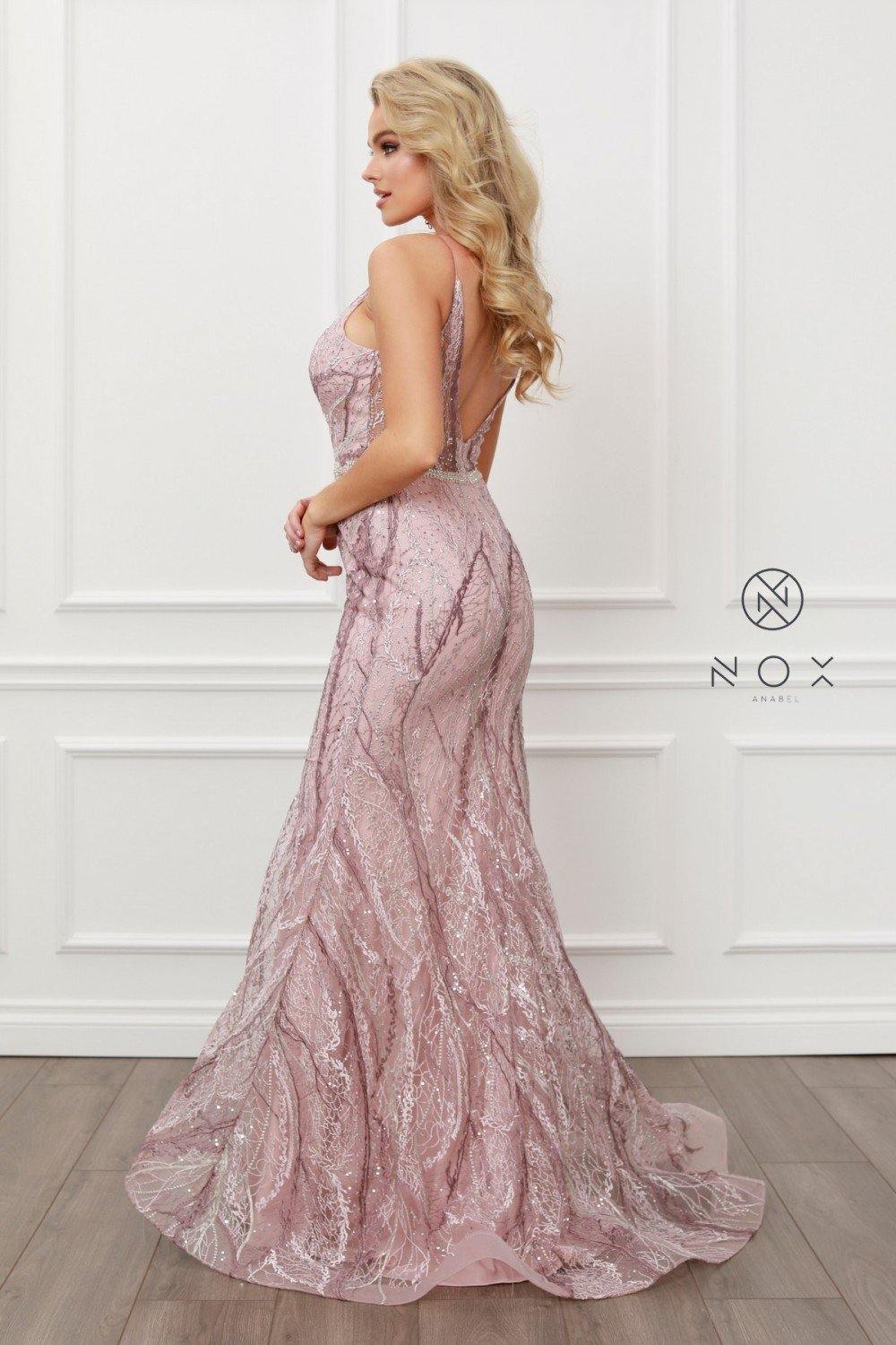 Long Spaghetti Beaded Lace Mermaid Prom Gown Formal