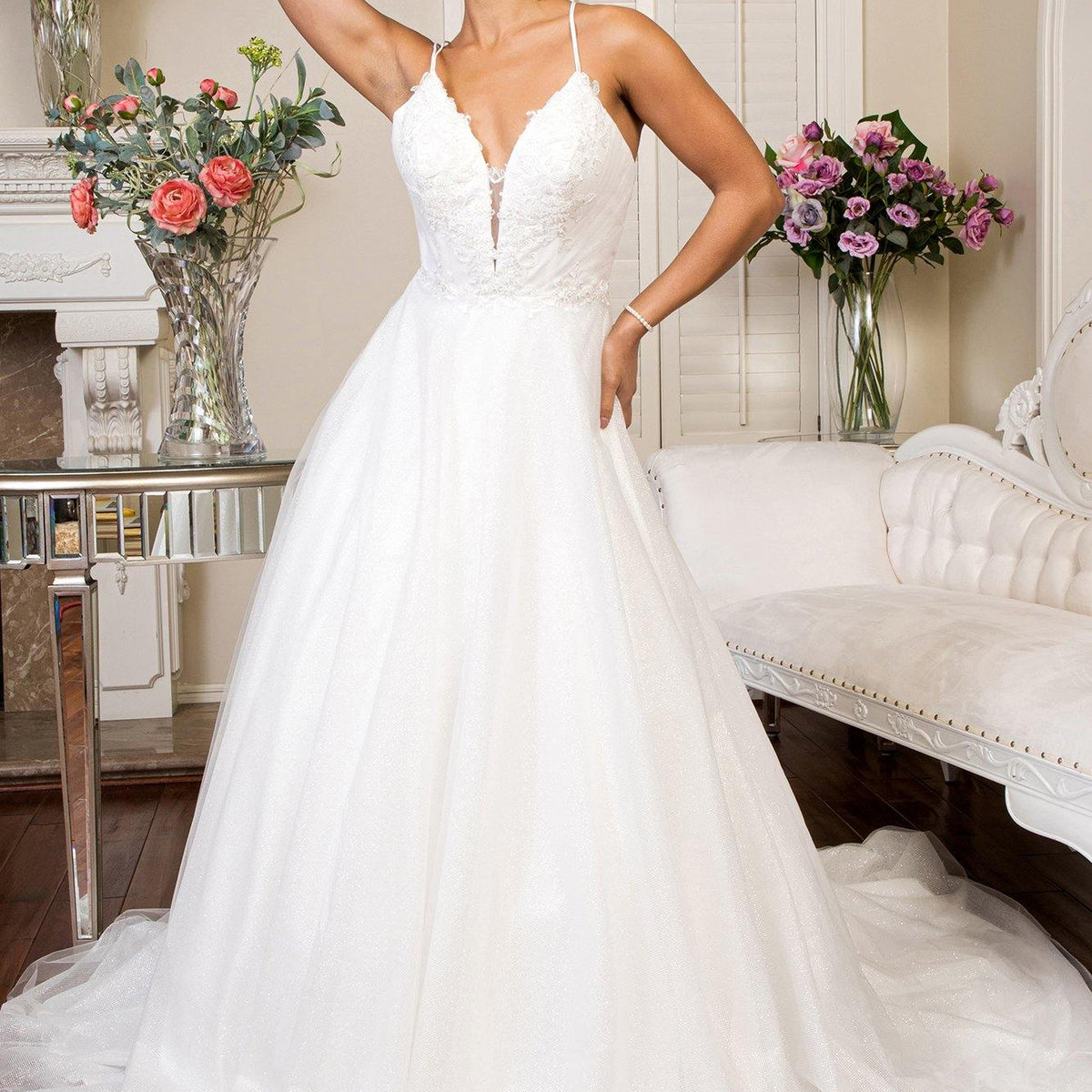 spaghetti strap mesh blouson bridesmaid dress Long Spaghetti Strap Glitter Mesh Wedding Gown