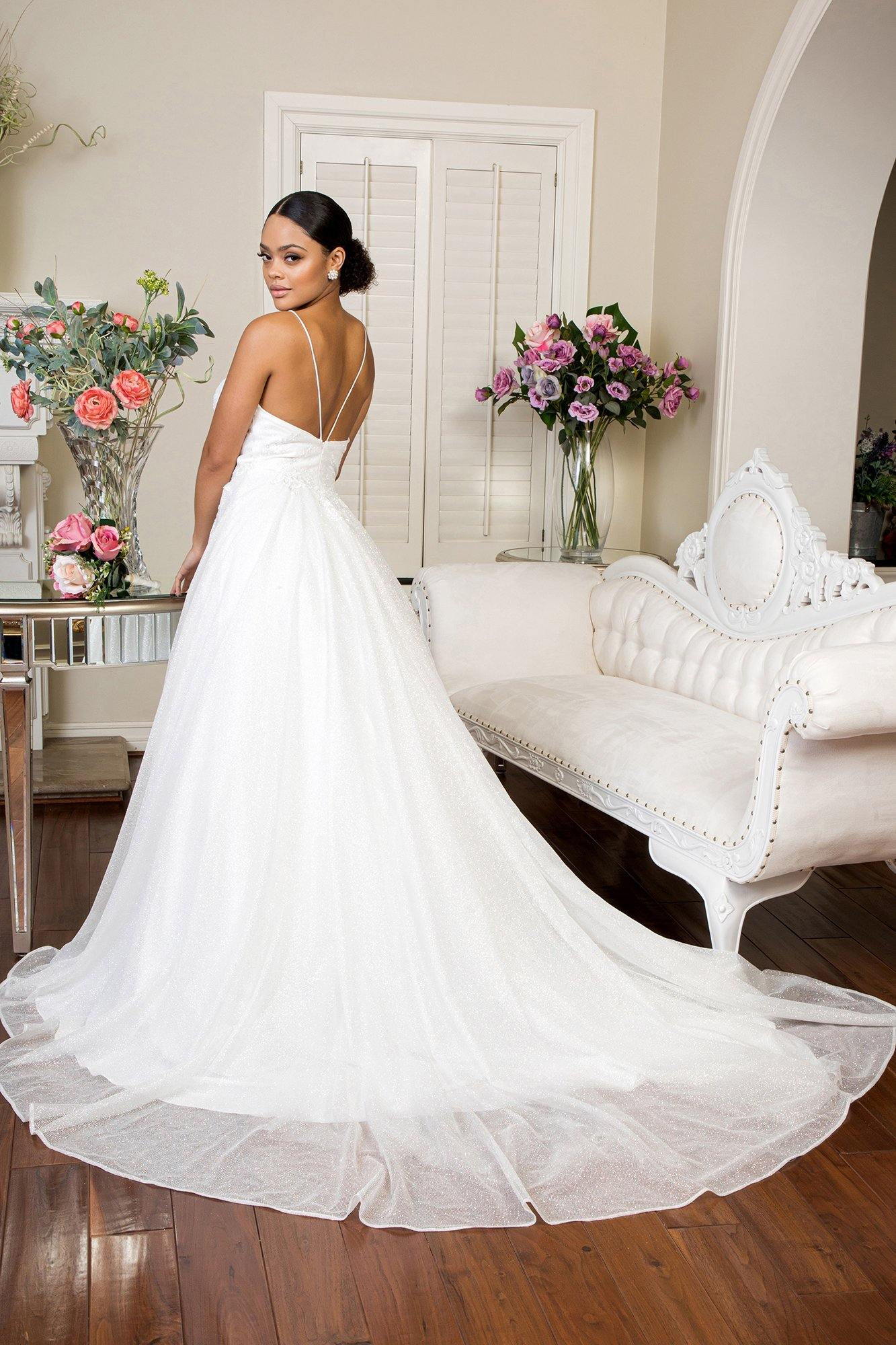 Long Spaghetti Strap Glitter Mesh Wedding Gown