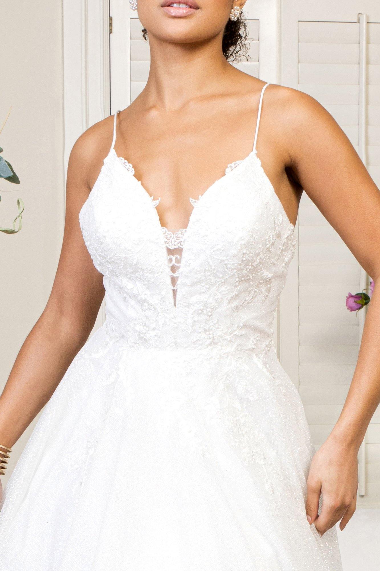 Long Spaghetti Strap Glitter Mesh Wedding Gown