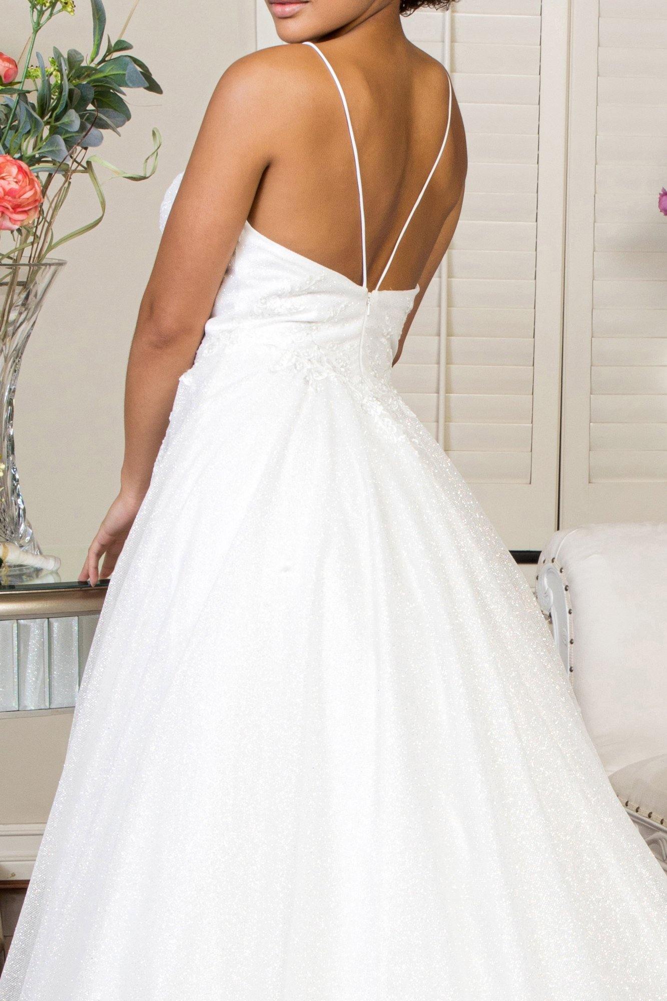 Long Spaghetti Strap Glitter Mesh Wedding Gown