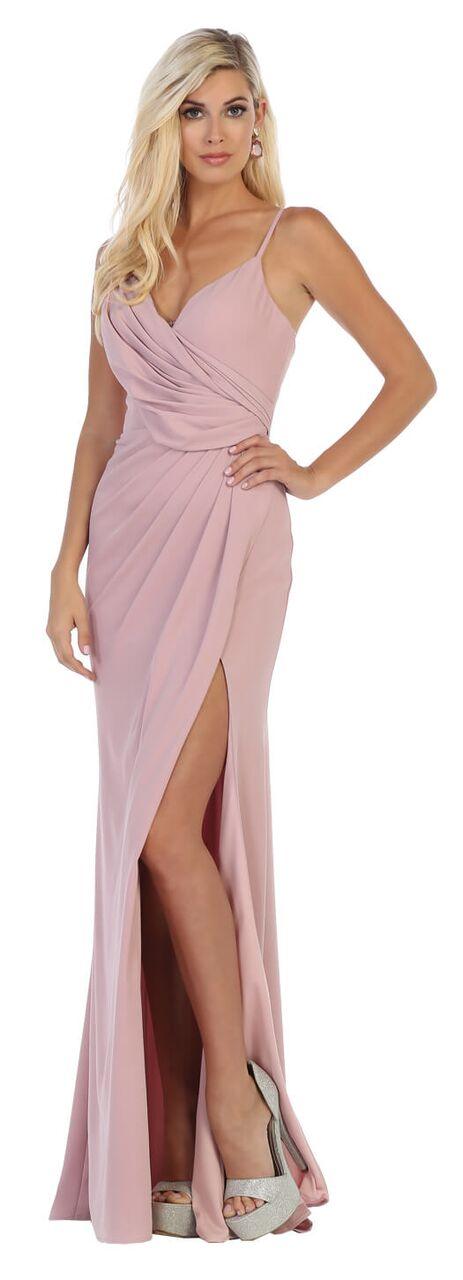 Long Spaghetti Strap High Slit Bridesmaids Formal Prom Dress - The Dress Outlet May Queen