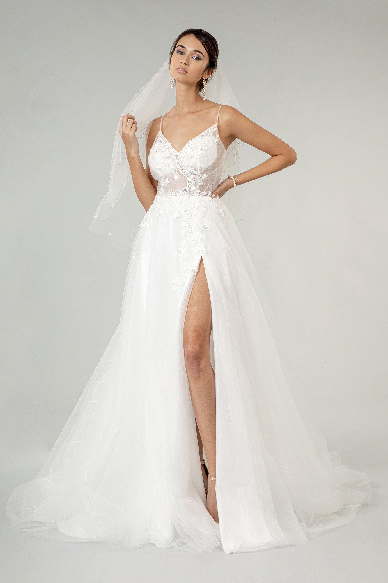 Long Spaghetti Strap Sheer Bodice Wedding Gown