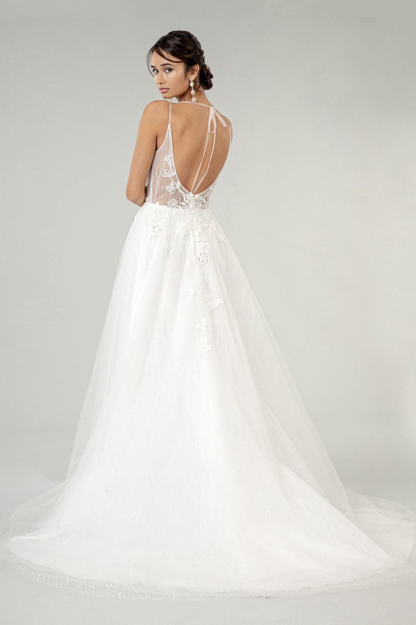 Long Spaghetti Strap Sheer Bodice Wedding Gown