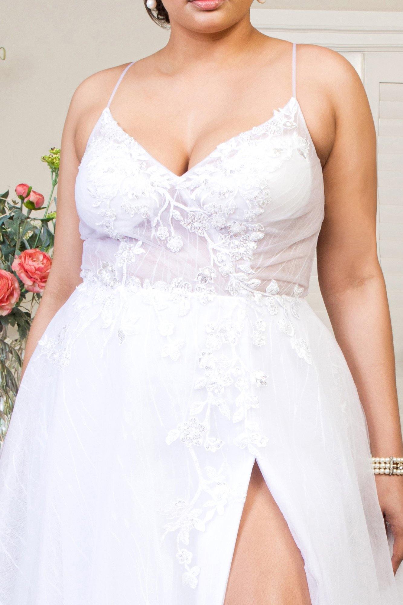 Long Spaghetti Strap Sheer Bodice Wedding Gown - The Dress Outlet