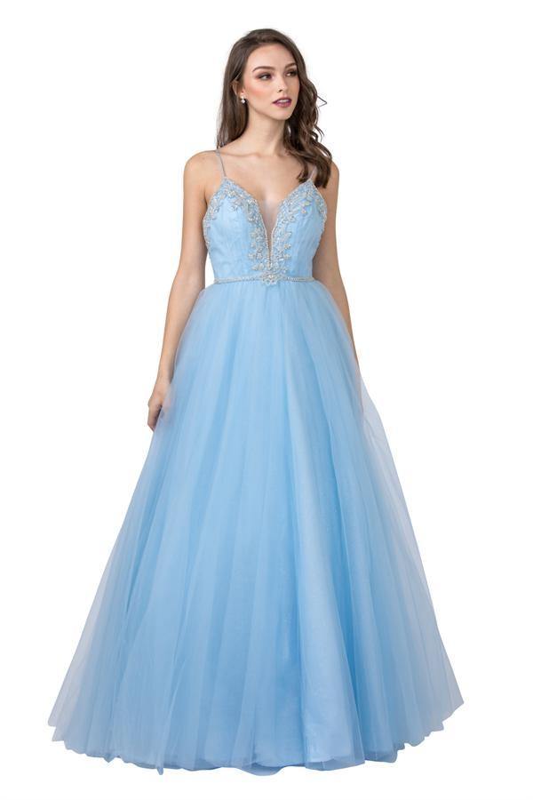 Long Spaghetti Straps Embellished Prom Ball Gown - The Dress Outlet