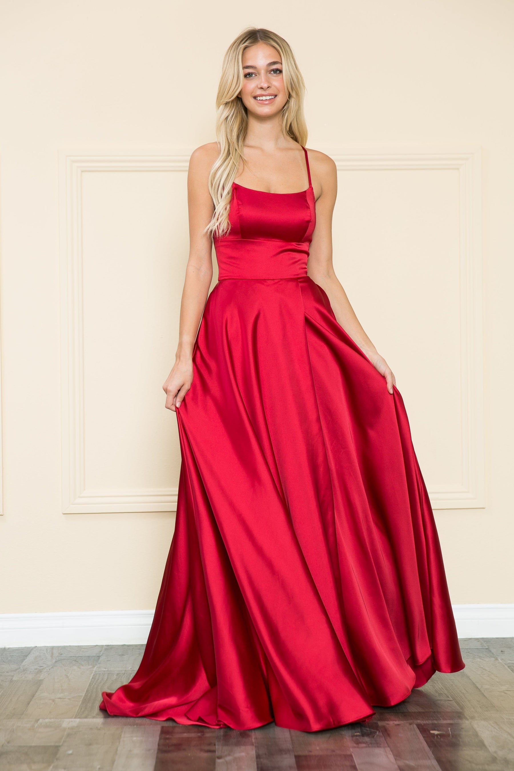Red Square Neck Floor-Length Satin Prom Dress with Pockets and Side Slit Poly USA 8910