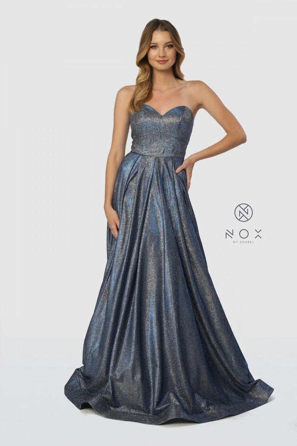 Long Strapless Metallic Prom Long Dress Evening Gown