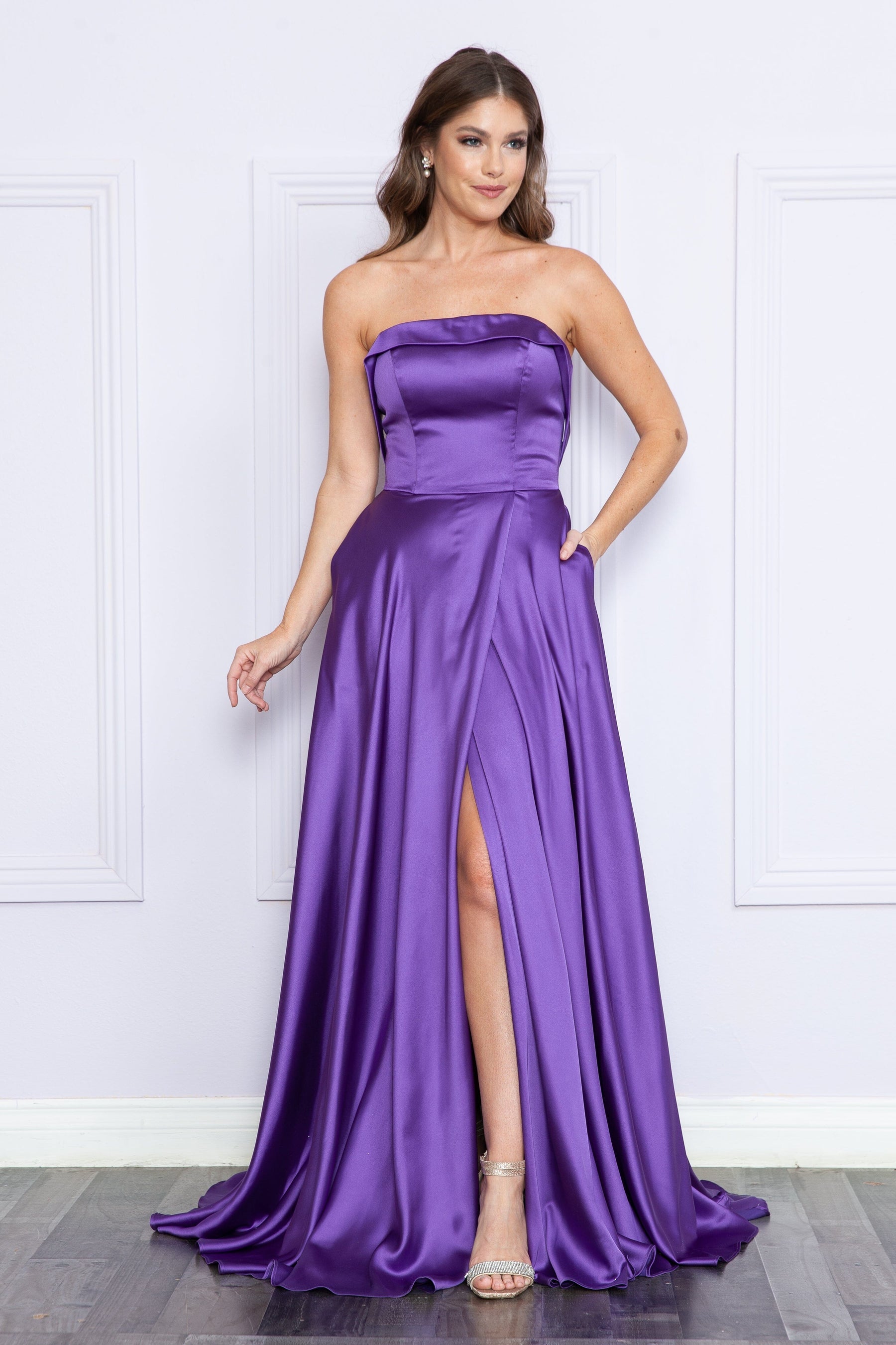 Purple Strapless Floor-Length Satin Prom Gown with High Slit Formal Gown Poly USA 9188