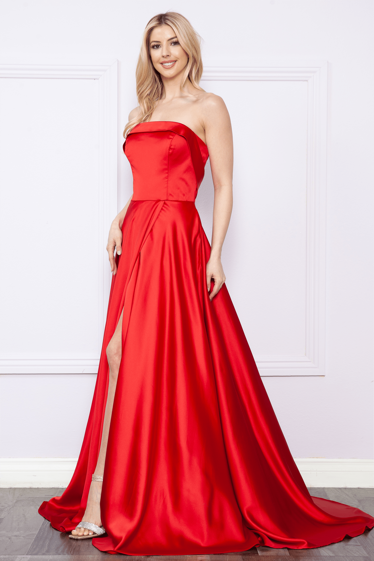 Red Strapless Floor-Length Satin Prom Gown with High Slit Formal Gown Poly USA 9188