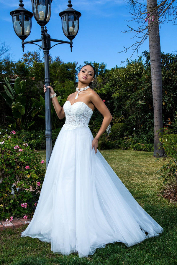 Long Strapless Sweetheart Beaded Lace Wedding Gown
