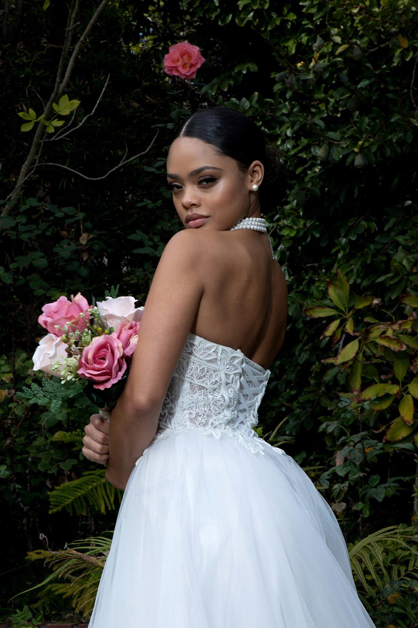 Long Strapless Sweetheart Beaded Lace Wedding Gown