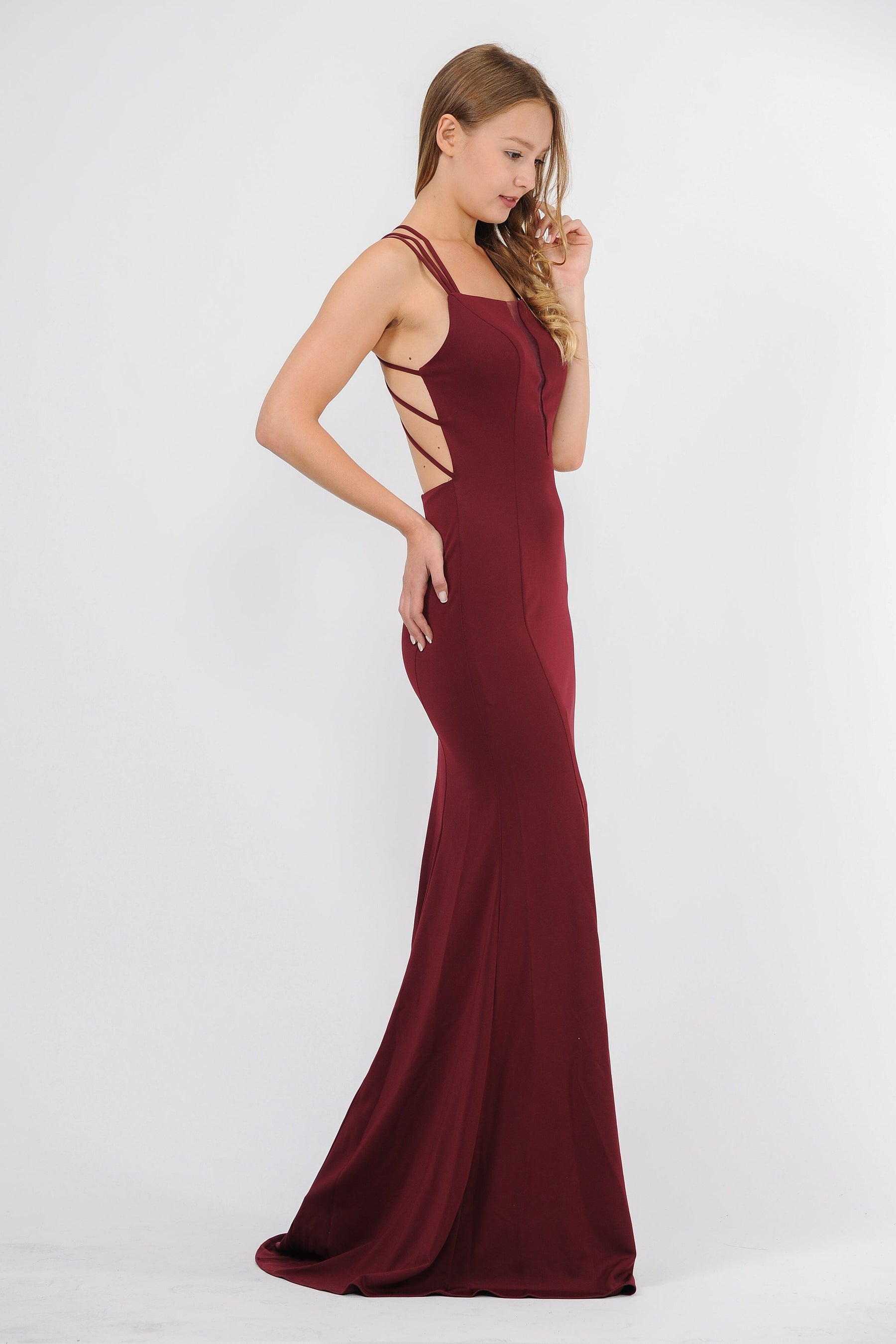 Burgundy Square-Neck Floor-Length Jersey Prom Dress with Criss-Cross Strappy Back Poly USA 8468