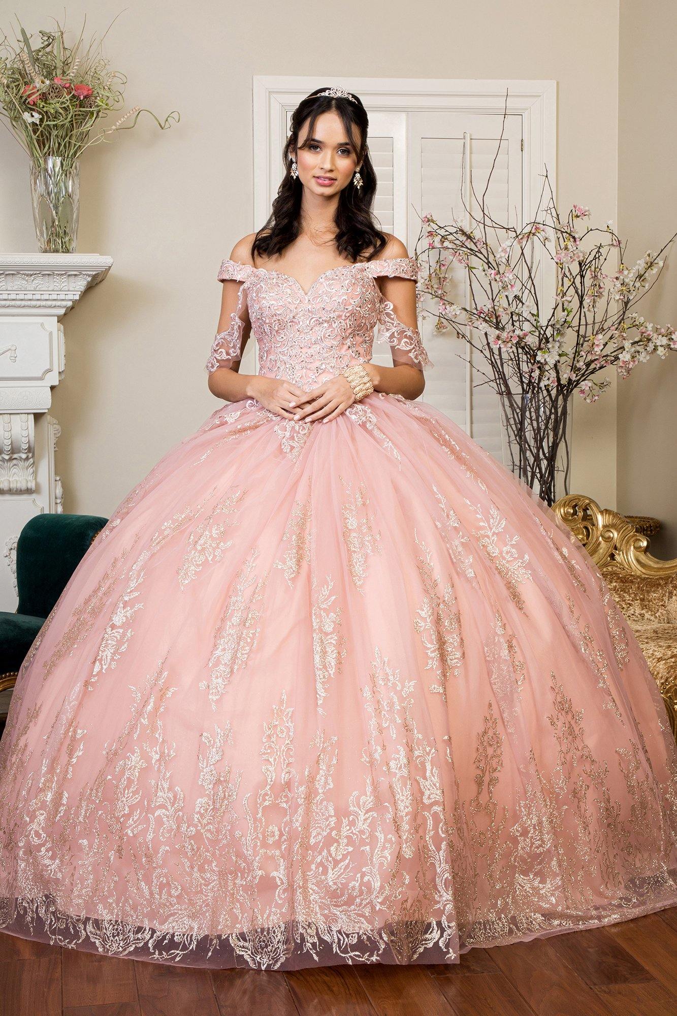 Long Sweet 16 Glitter Mesh Quinceanera Ball Gown - The Dress Outlet