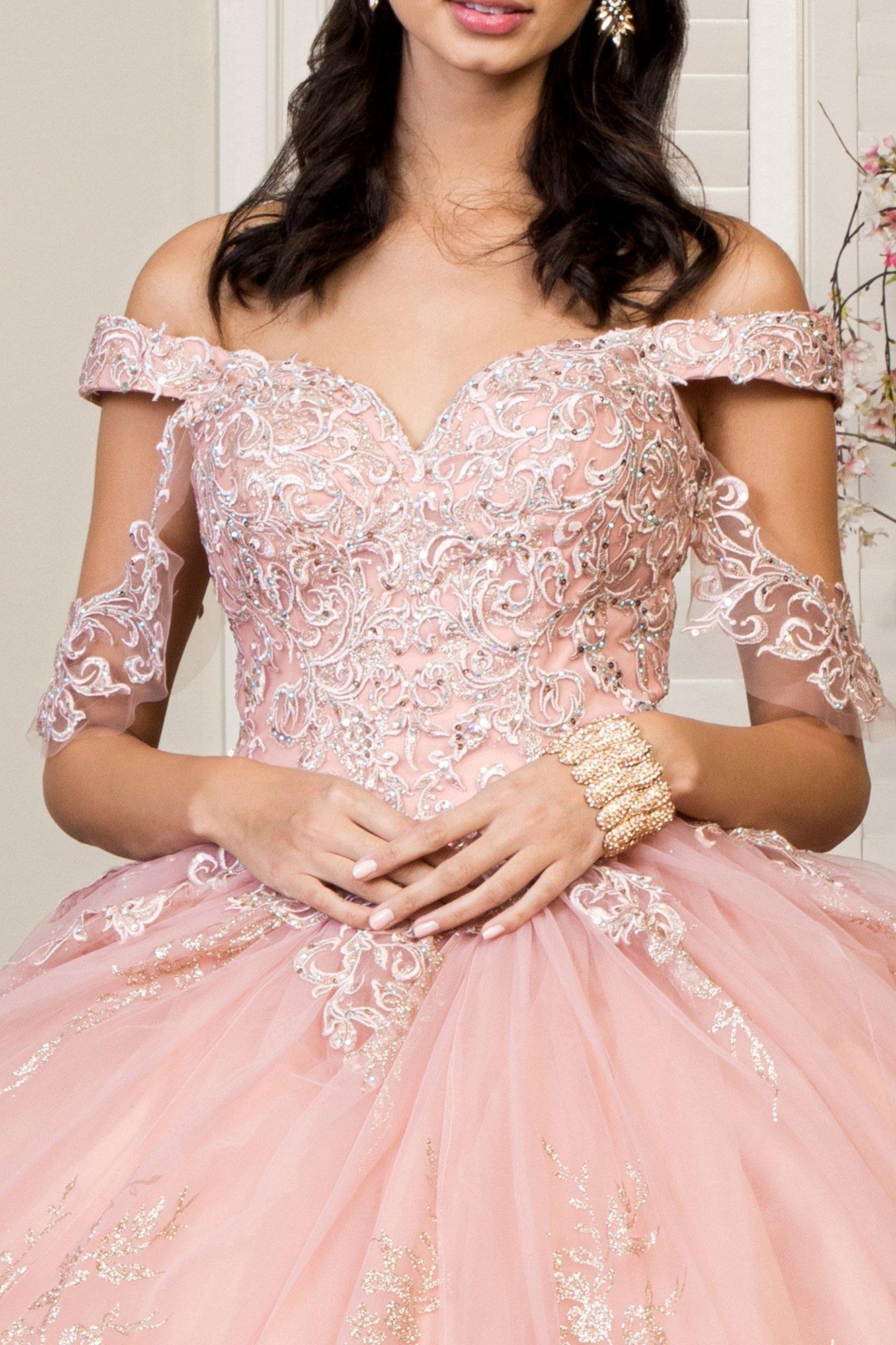 Long Sweet 16 Glitter Mesh Quinceanera Ball Gown - The Dress Outlet