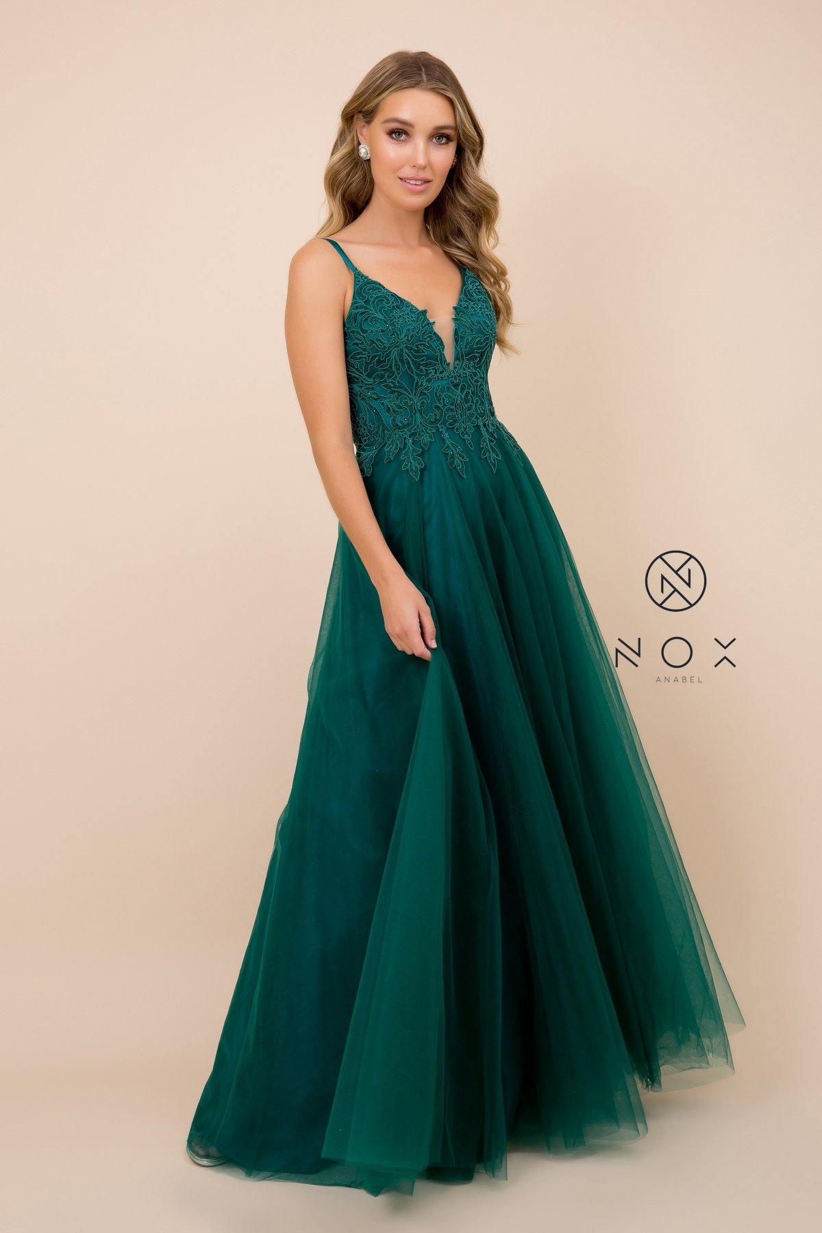 Hunter Green Long Tulle Embroidered Bodice Dress Prom Gown - Formal ...