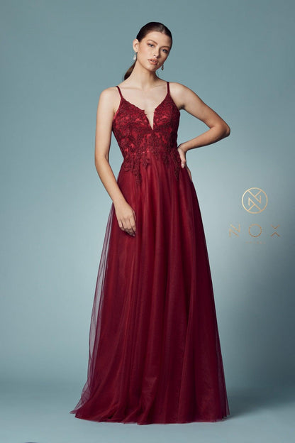 Long Tulle Embroidered Bodice Dress Prom Gown - The Dress Outlet