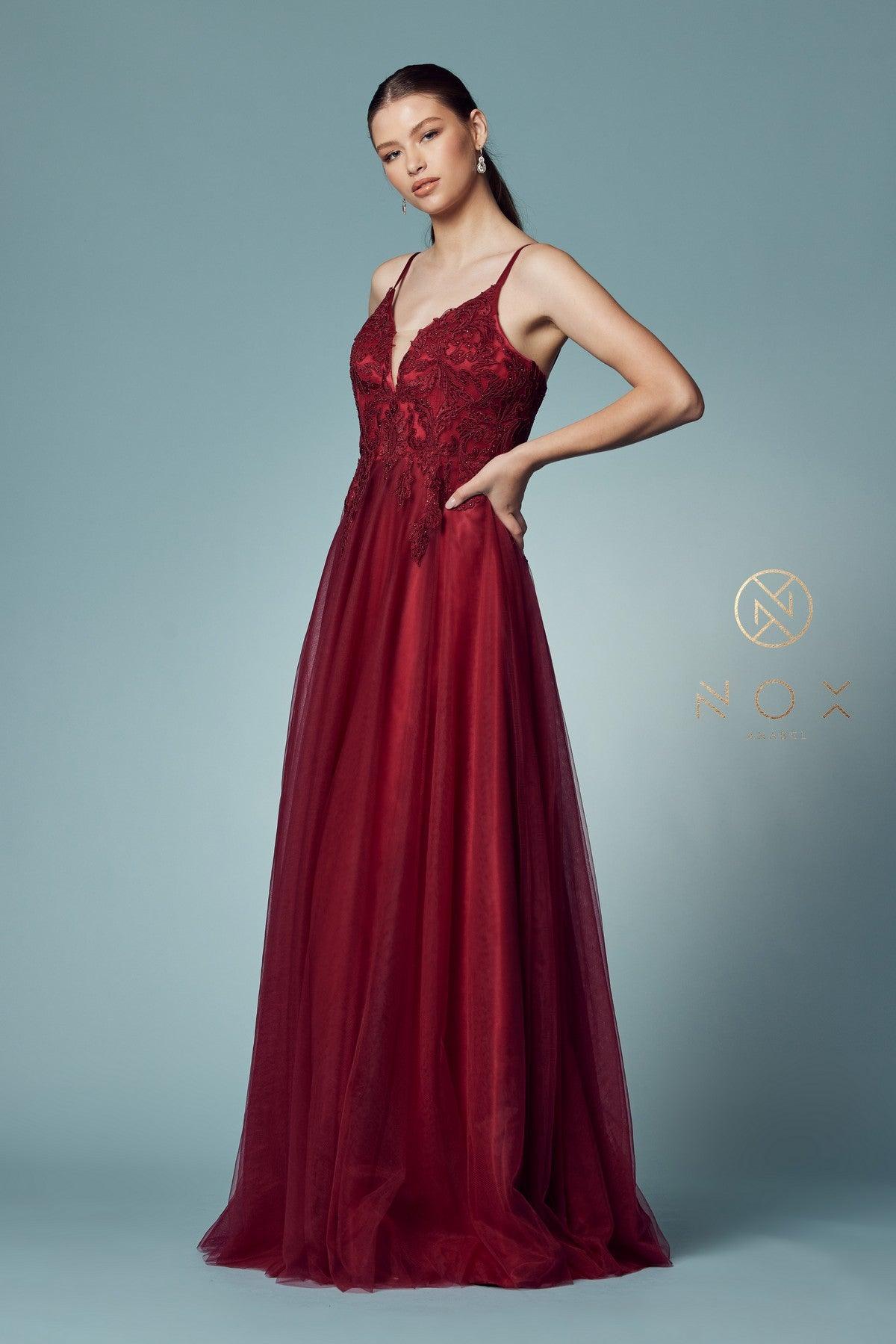 Long burgundy red prom dress with embroidered bodice 2025