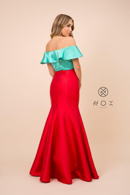 Long Two Piece Crop Top Off The Shoulder Prom Dress - The Dress Outlet Nox Anabel